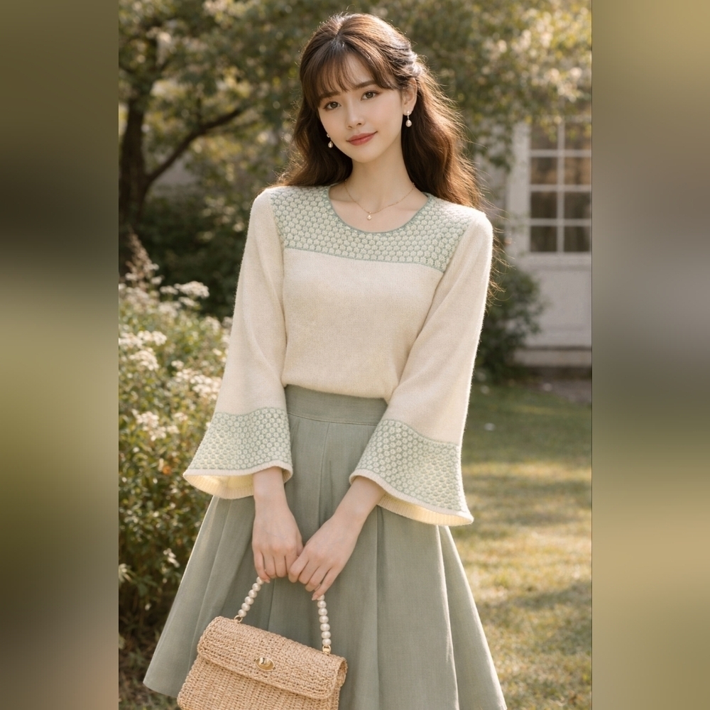 Vintage Sears JR Bazaar Cream And Green Knit Sweater